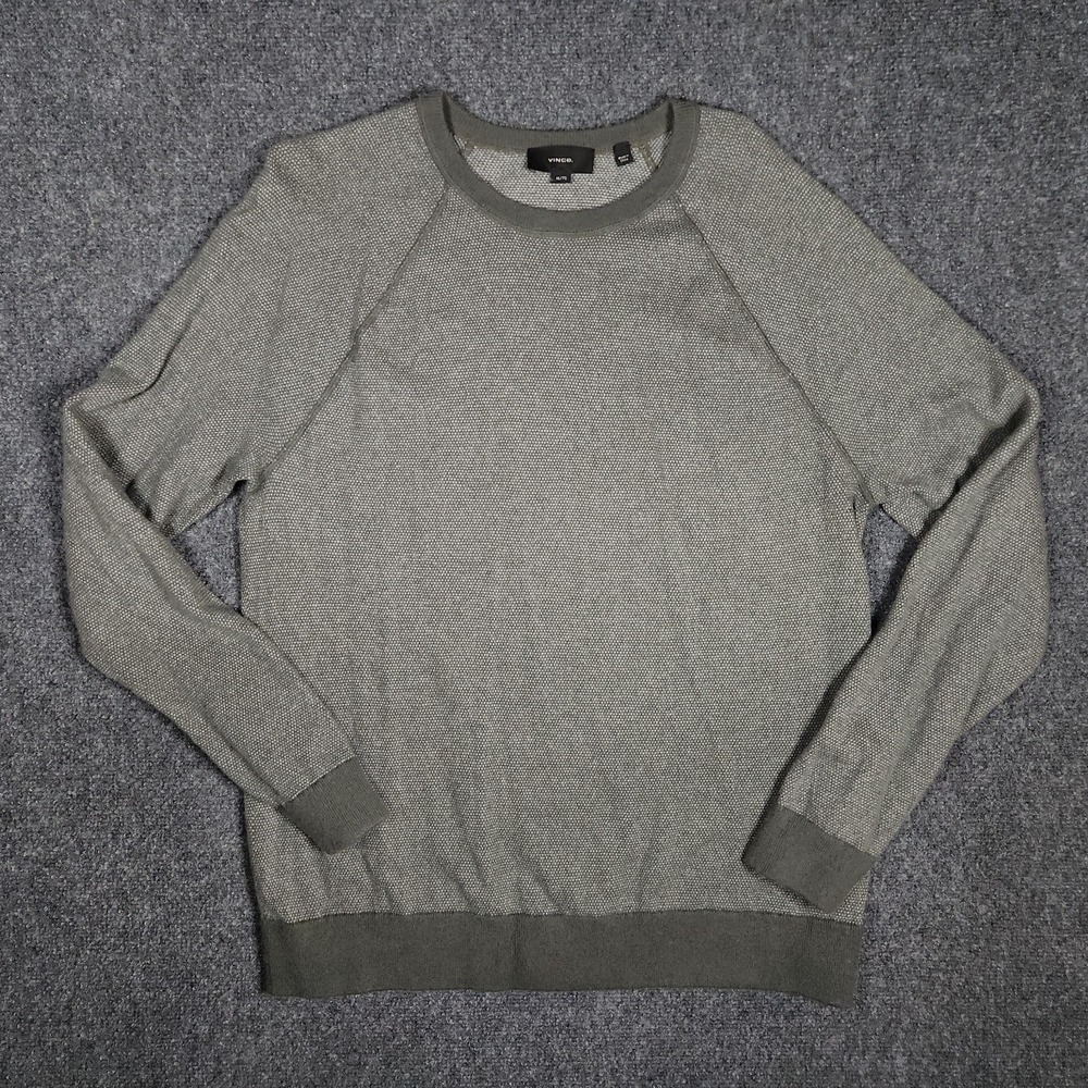 Vince Birdseye Raglan Long Sleeve Wool Cashmere Crew Neck Sweater Green/Gray XL